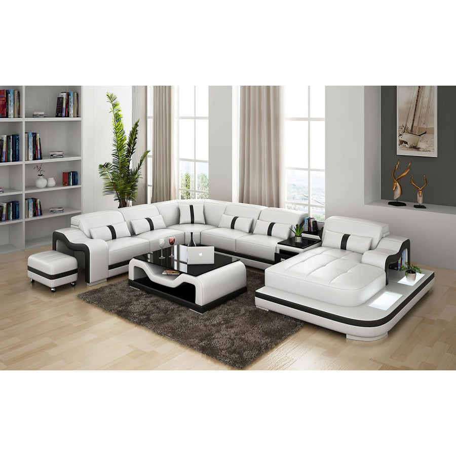 Jubilee Sydney Large Right Hand Facing Sectional with Side Table - White/Black, Bonded Leather