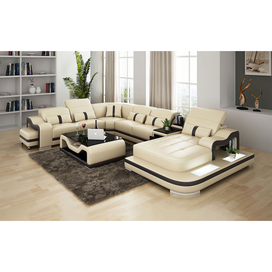 Jubilee Sydney Large Right Hand Facing Sectional with Side Table - Beige/Dark Brown, Bonded Leather