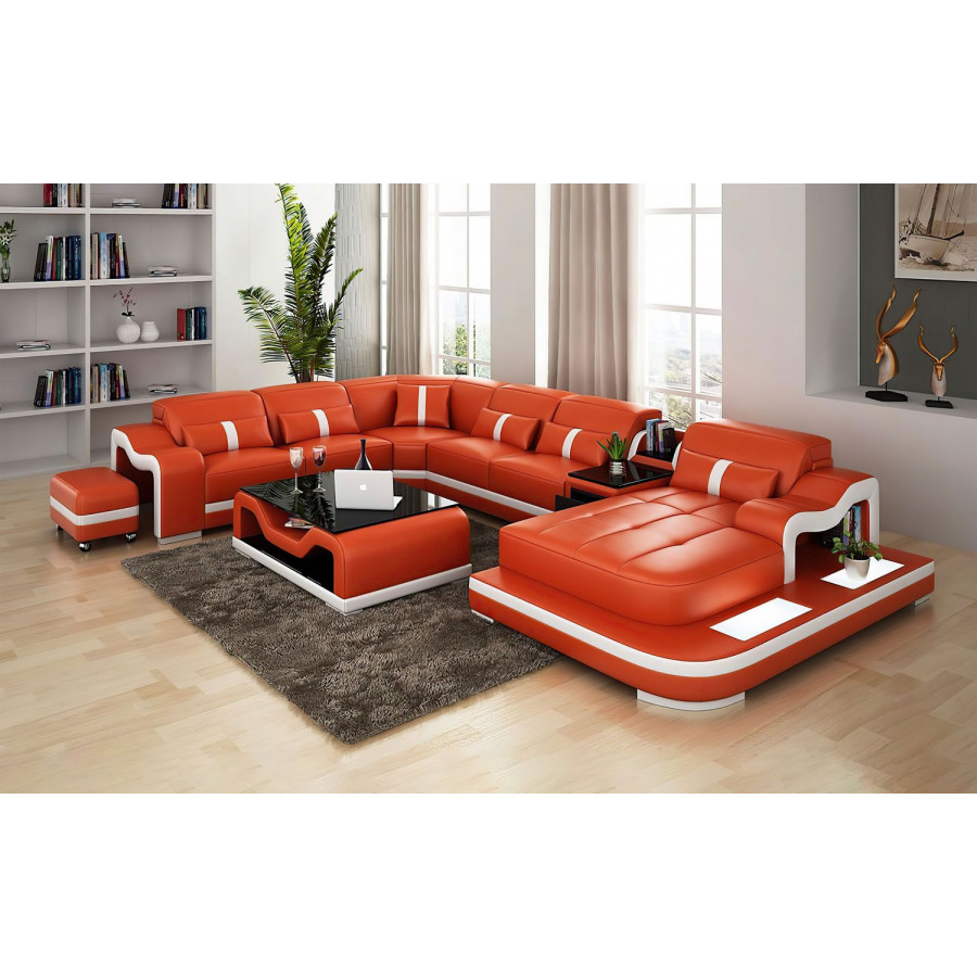 Jubilee Sydney Large Right Hand Facing Sectional with Side Table - Orange/White, Bonded Leather