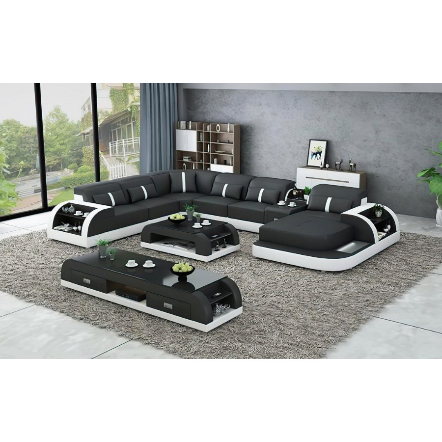Jubilee Blaylock Modern Right Hand Facing Sectional Sofa with Led - Black/White, Bonded Leather