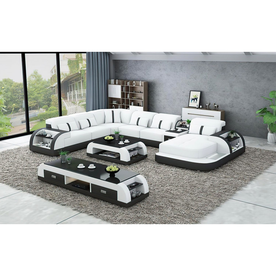 Jubilee Blaylock Modern Right Hand Facing Sectional Sofa with Led - White/Black, Bonded Leather