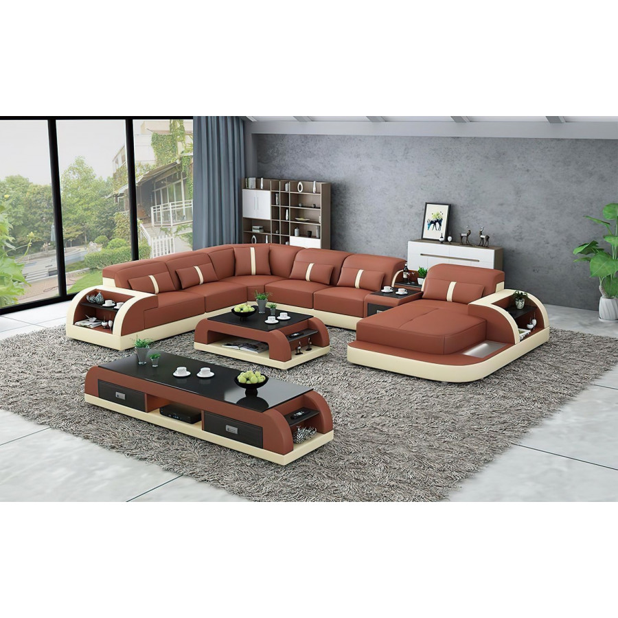 Jubilee Blaylock Modern Right Hand Facing Sectional Sofa with Led - Brown/Beige, Bonded Leather