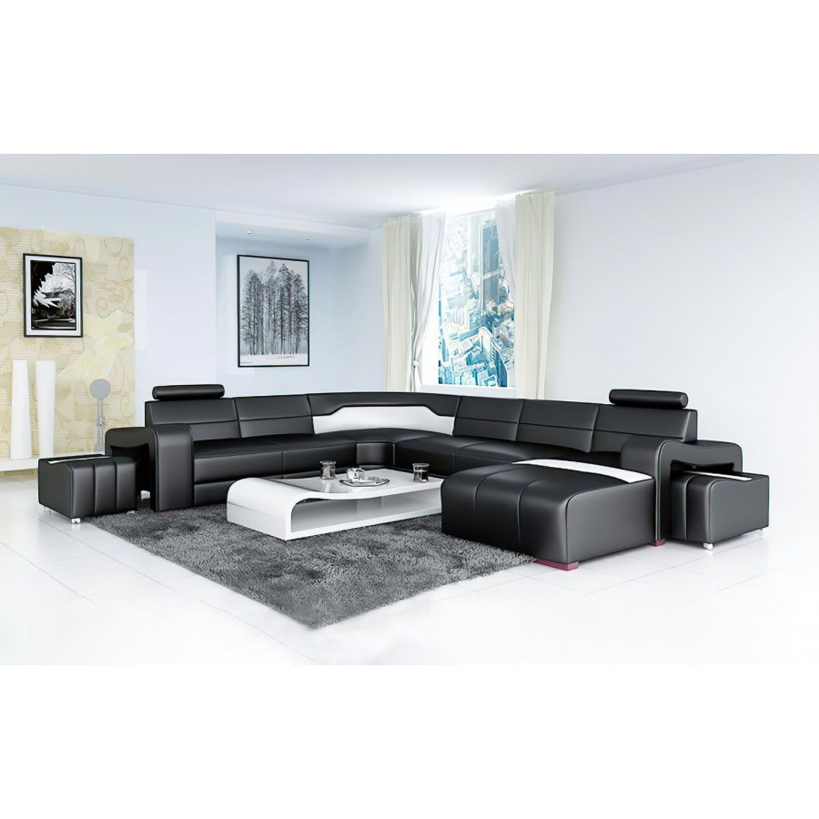Jubilee Sunnydale Large Right Hand Facing Sectional with Ottomans - Black/White, Bonded Leather