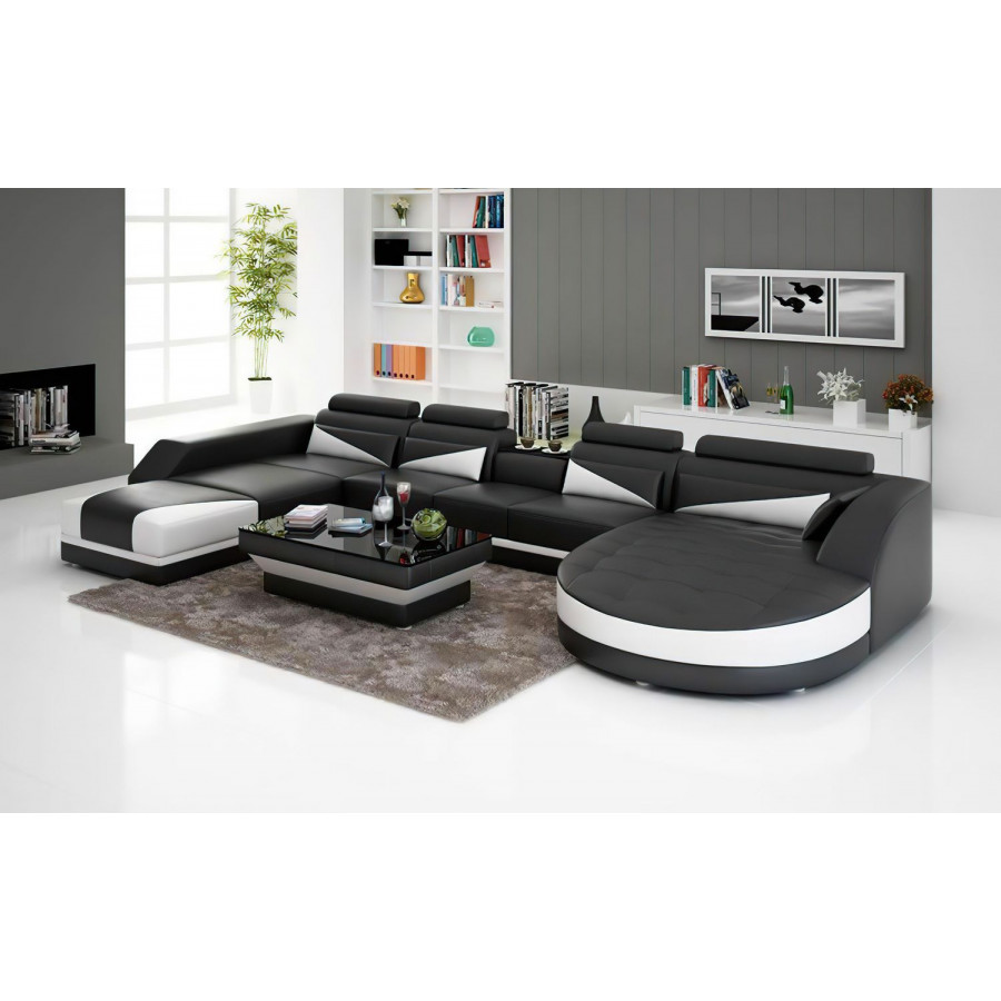Jubilee Lilo Right Hand Facing Sectional with Shape Chaise - Black/White, Bonded Leather