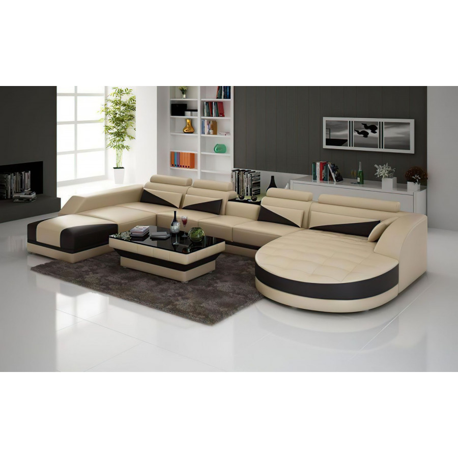 Jubilee Lilo Right Hand Facing Sectional with Shape Chaise - Beige/Dark Brown, Bonded Leather