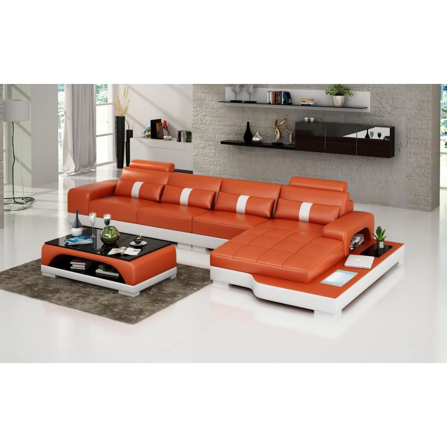 Jubilee Kendrick Right Hand Facing Sectional with Adjustable Headrest - Orange/White, Bonded Leather