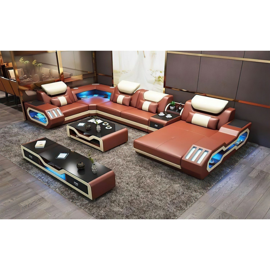 Jubilee Bigelow Right Hand Facing Sectional with USB Charger - Brown/Beige, Bonded Leather