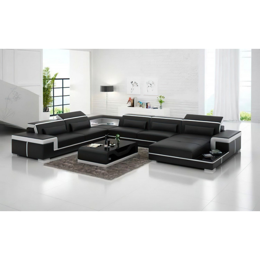 Jubilee Perrault Right Hand Facing Sectional with Adjustable Headrest - Black/White, Bonded Leather
