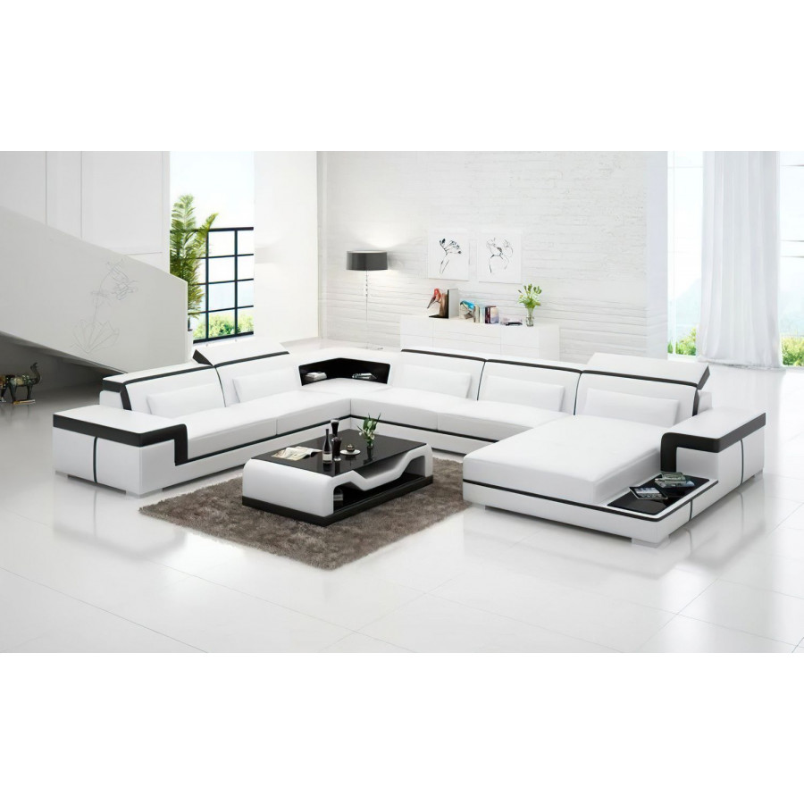 Jubilee Perrault Right Hand Facing Sectional with Adjustable Headrest - White/Black, Bonded Leather