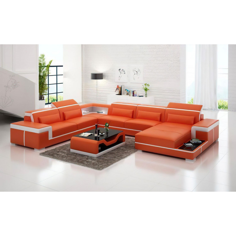 Jubilee Perrault Right Hand Facing Sectional with Adjustable Headrest - Orange/White, Bonded Leather