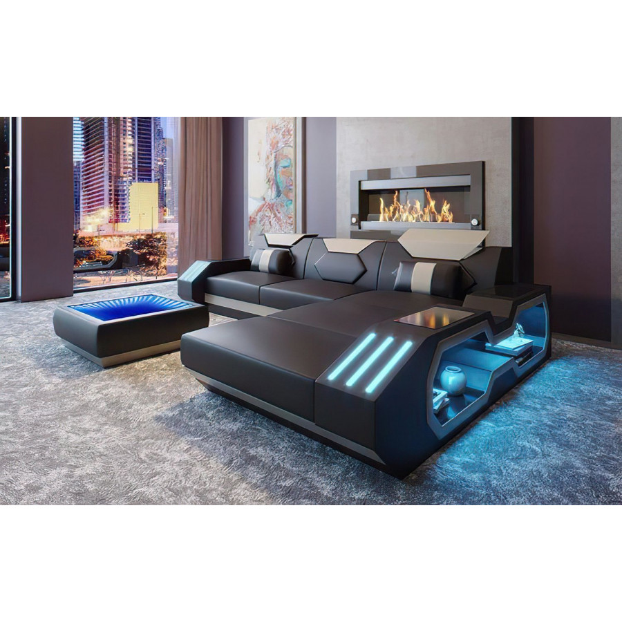 Jubilee Sahara Small Right Hand Facing Sectional with Chaise - Black/White, Top Grain Italian Leather