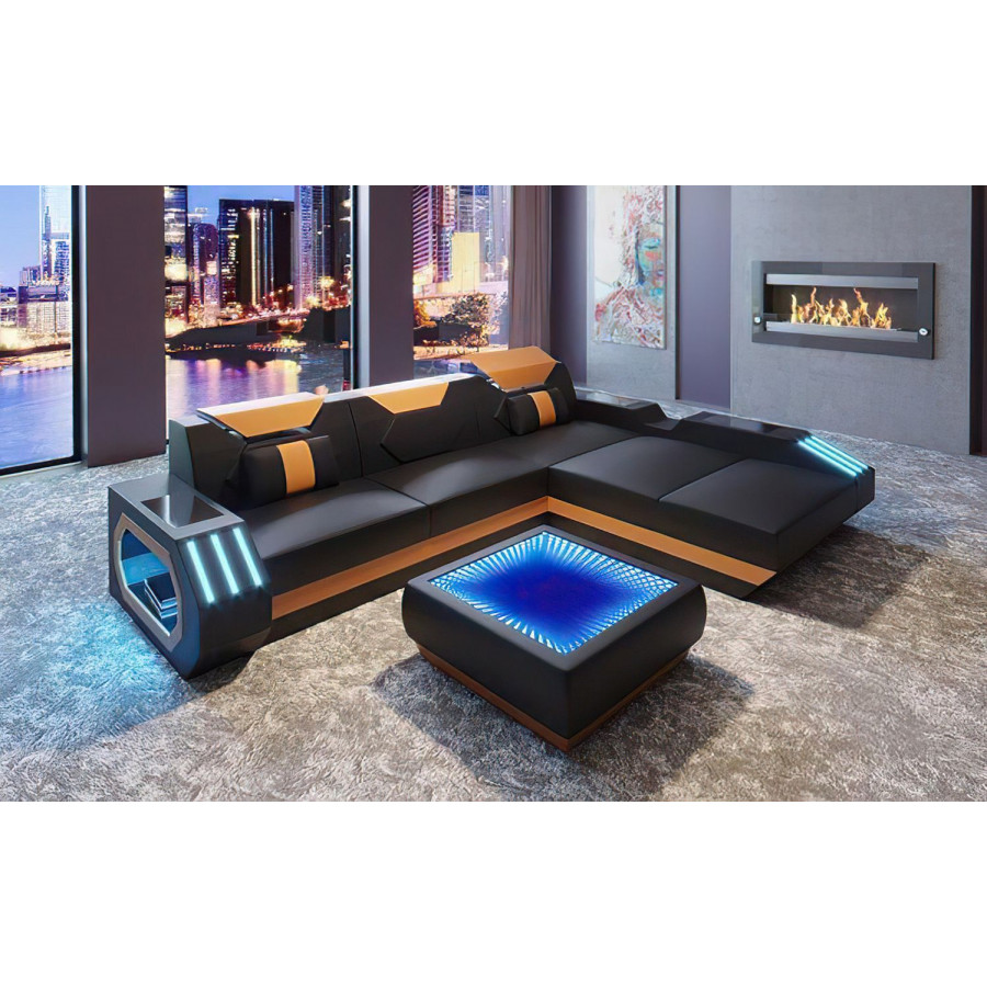 Jubilee Sahara Small Right Hand Facing Sectional with Chaise - Black/Orange, Top Grain Italian Leather