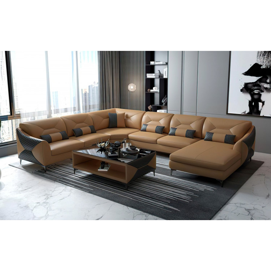 Jubilee Bysic Modern U-Shape Right Hand Facing Sectional - Brown/Black, Bonded Leather