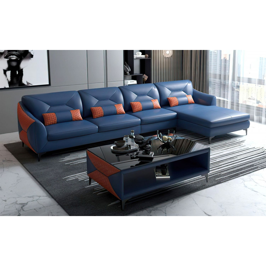Jubilee Bysic Small Right Hand Facing Sectional with Chaise - Blue/Orange, Bonded Leather