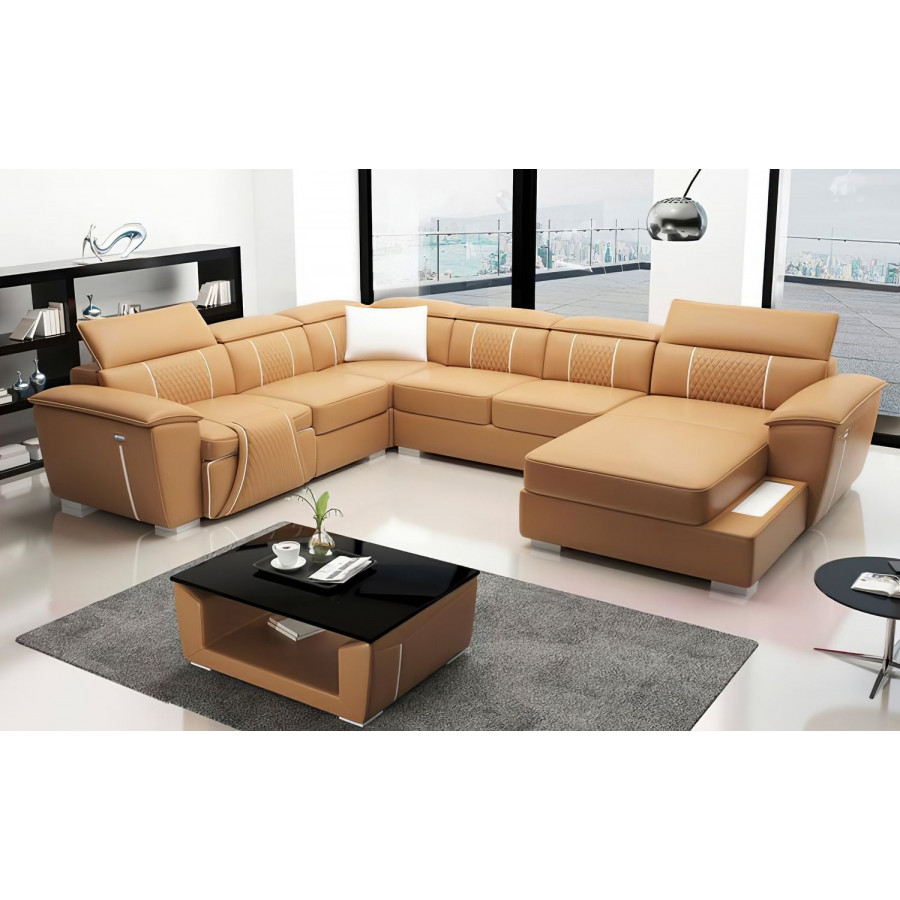 Jubilee Uli Modern U-Shape Right Hand Facing Sectional - Tan/White, Bonded Leather