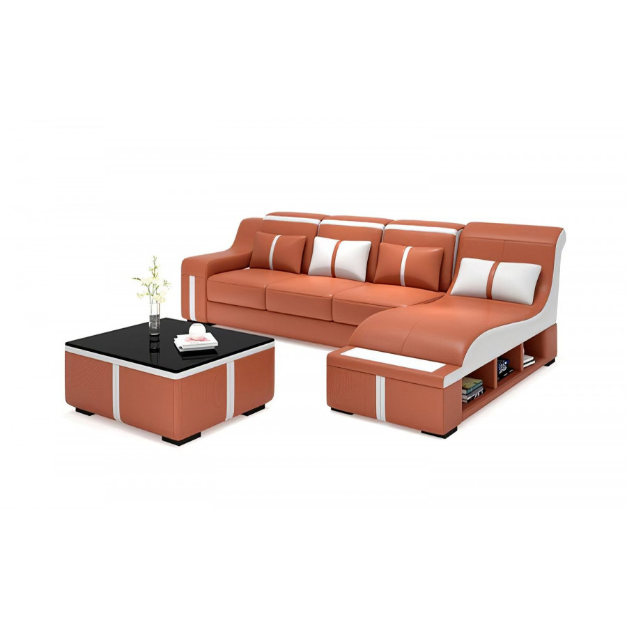 Jubilee Lisa Small Right Hand Facing Sectional with Arched Shape Chaise - Orange/White, Top Grain Italian Leather