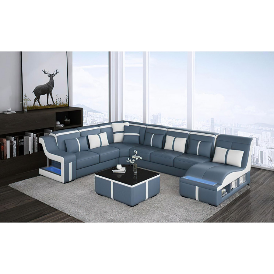 Jubilee Lisa Modern U-Shape Right Hand Facing Sectional - Blue/White, Bonded Leather