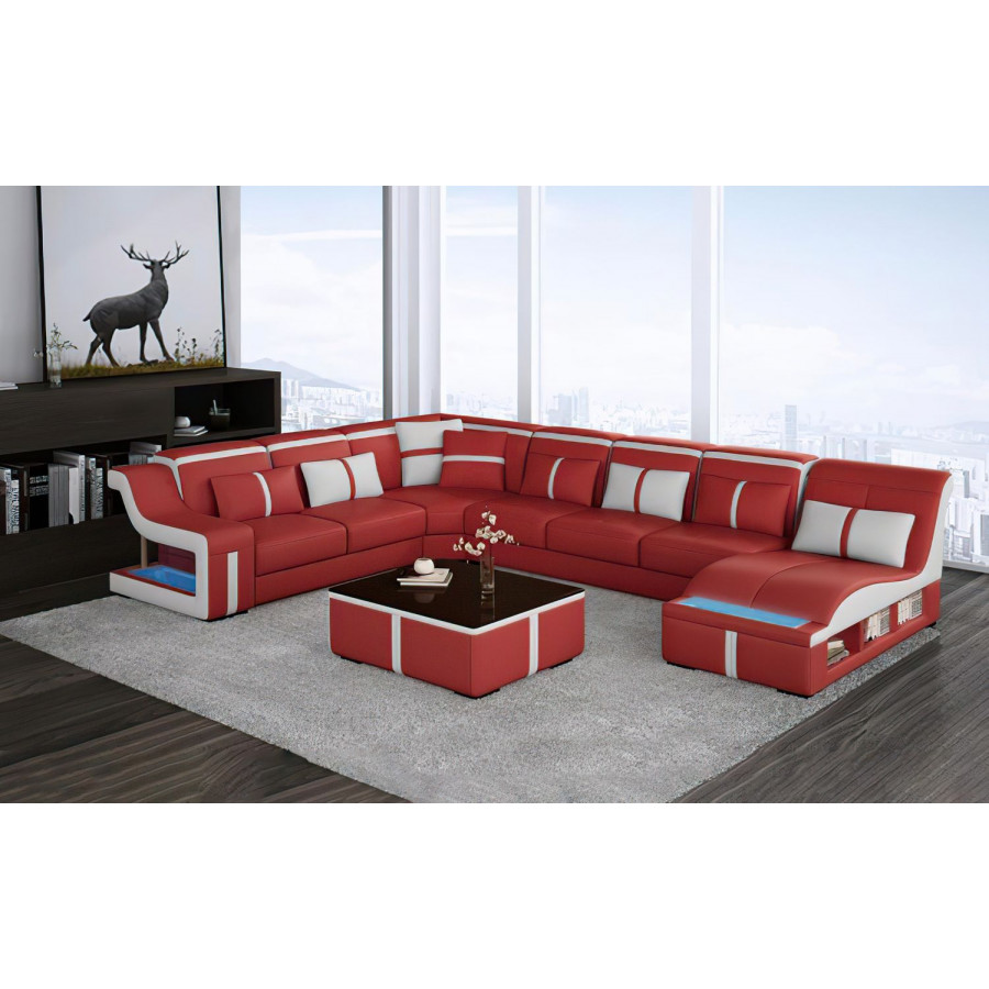 Jubilee Lisa Modern U-Shape Right Hand Facing Sectional - Red/White, Bonded Leather