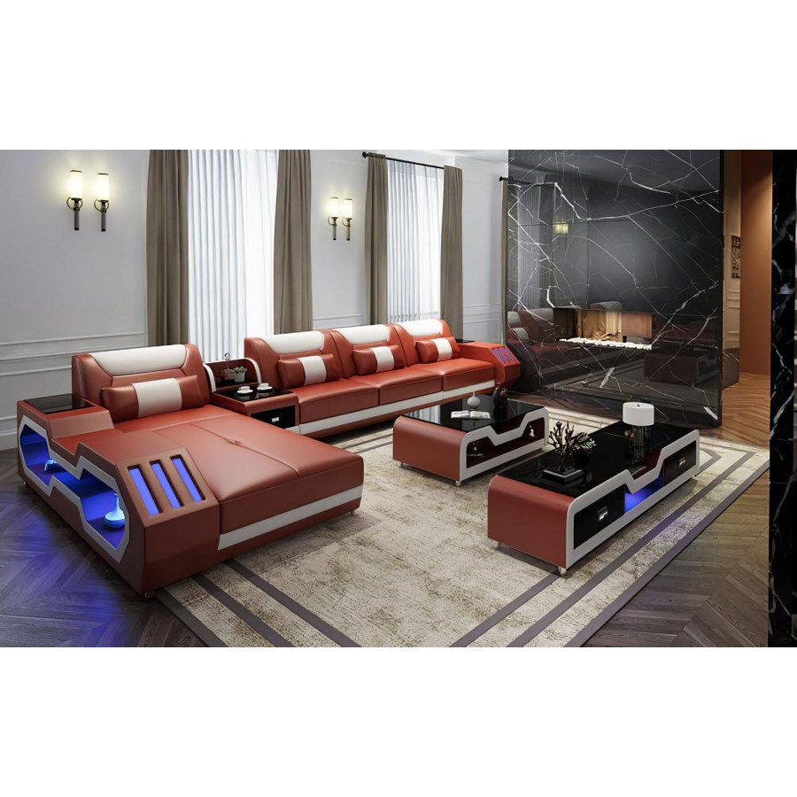 Jubilee Omont Small Right Hand Facing Sectional with Chaise - Brown/White, Bonded Leather