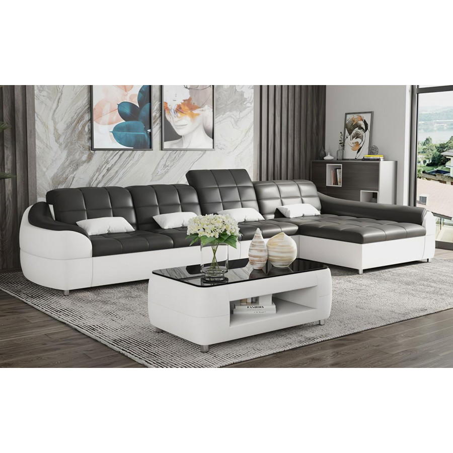 Jubilee Aumin Small Right Hand Facing Sectional with Chaise - Black/White, Top Grain Italian Leather