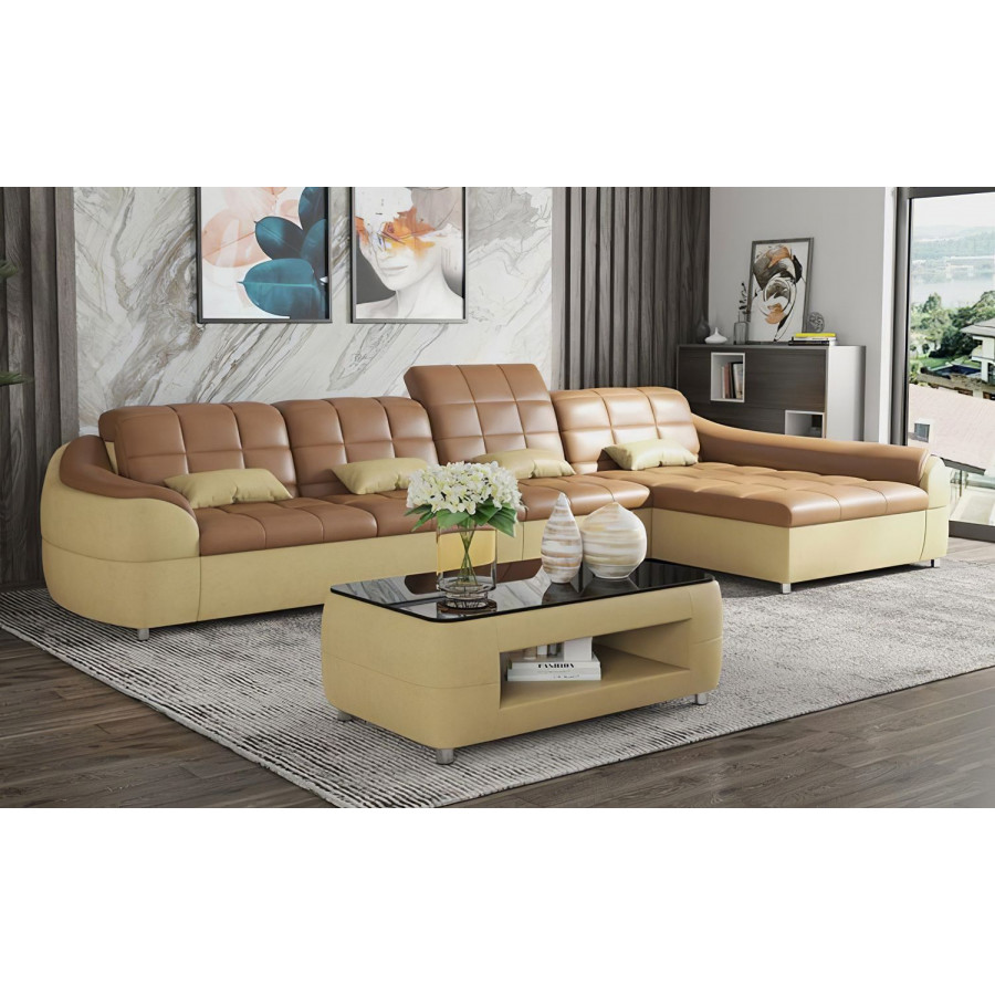 Jubilee Aumin Small Right Hand Facing Sectional with Chaise - Tan/Beige, Top Grain Italian Leather