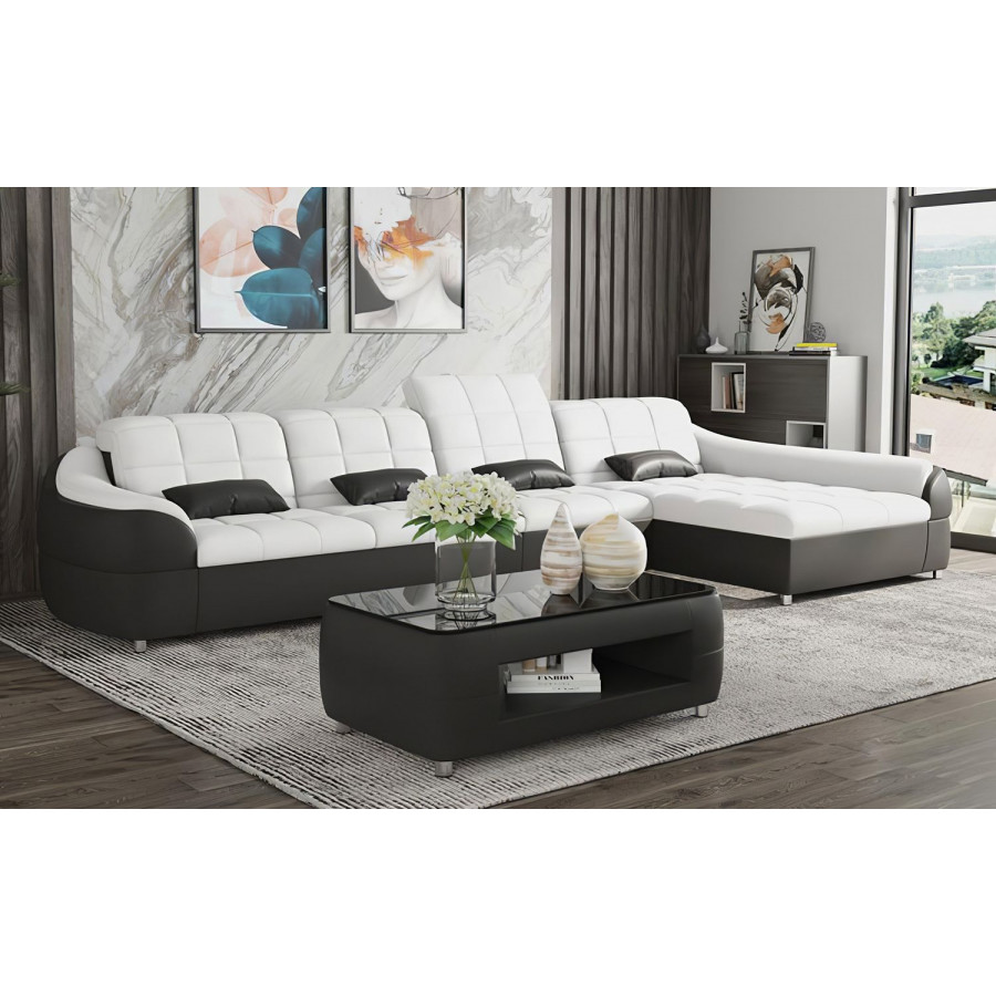 Jubilee Aumin Small Right Hand Facing Sectional with Chaise - White/Black, Top Grain Italian Leather