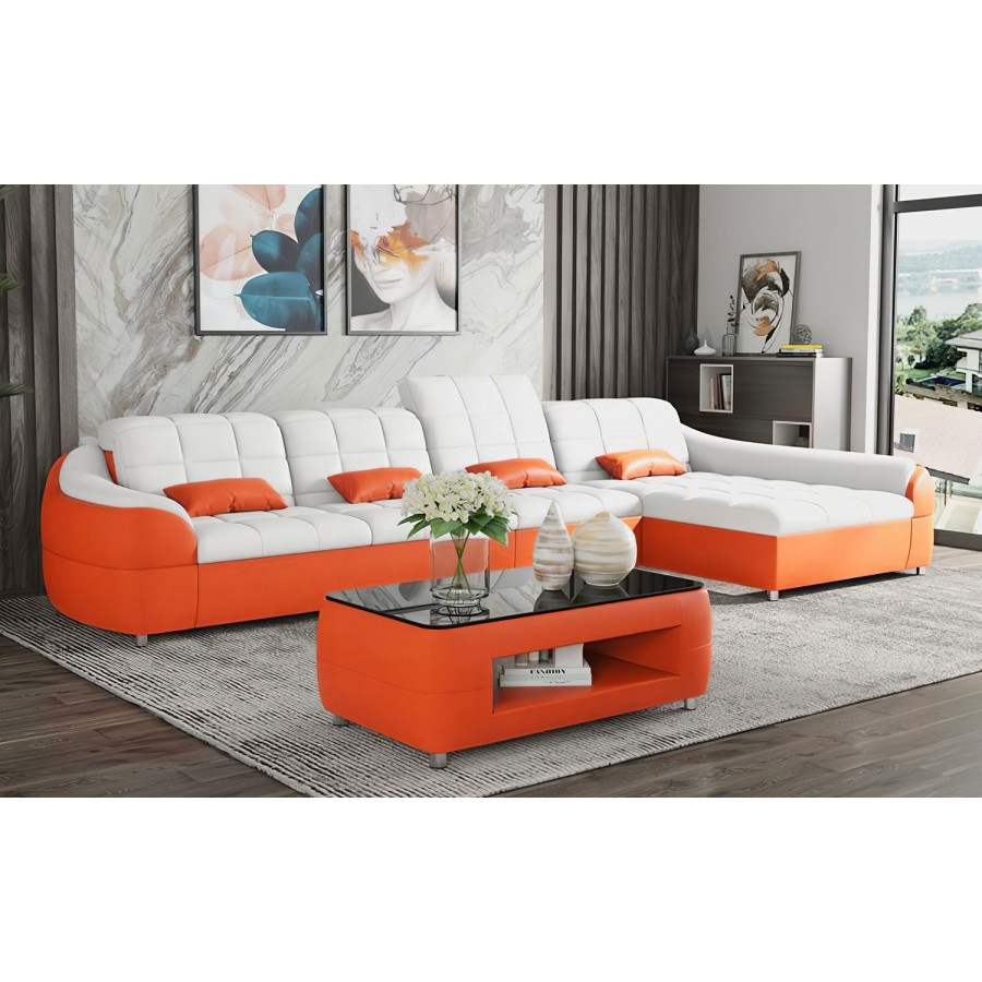 Jubilee Aumin Small Right Hand Facing Sectional with Chaise - White/Orange, Bonded Leather