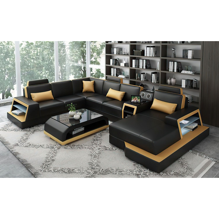 Jubilee Civia Modern Right Hand Facing Sectional with Console Table - Black/Tan, Top Grain Italian Leather