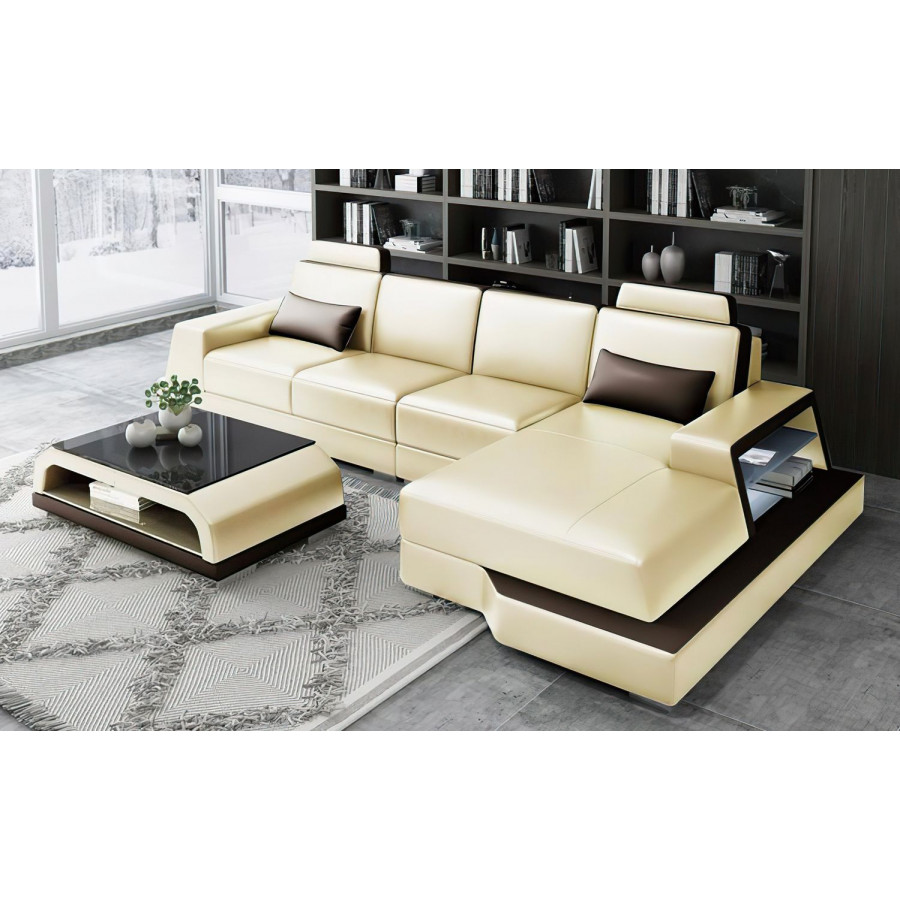 Jubilee Civia Small Right Hand Facing Sectional with Side Storage - Beige/Dark Brown, Top Grain Italian Leather