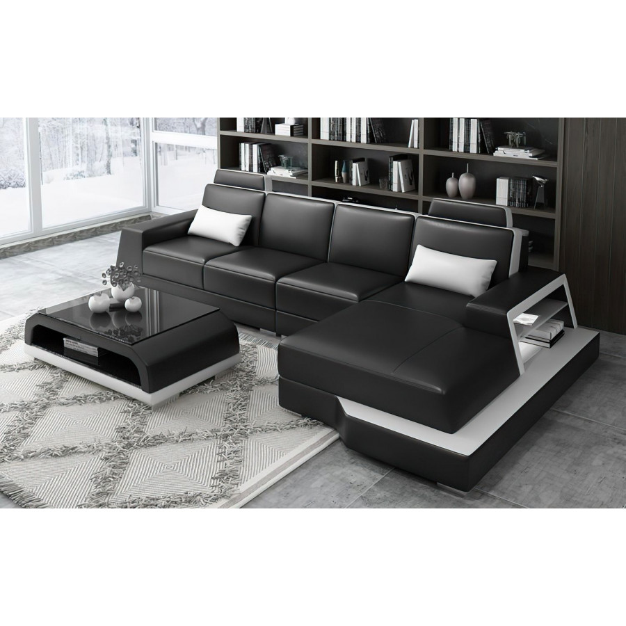 Jubilee Civia Small Right Hand Facing Sectional with Side Storage - Black/White, Top Grain Italian Leather