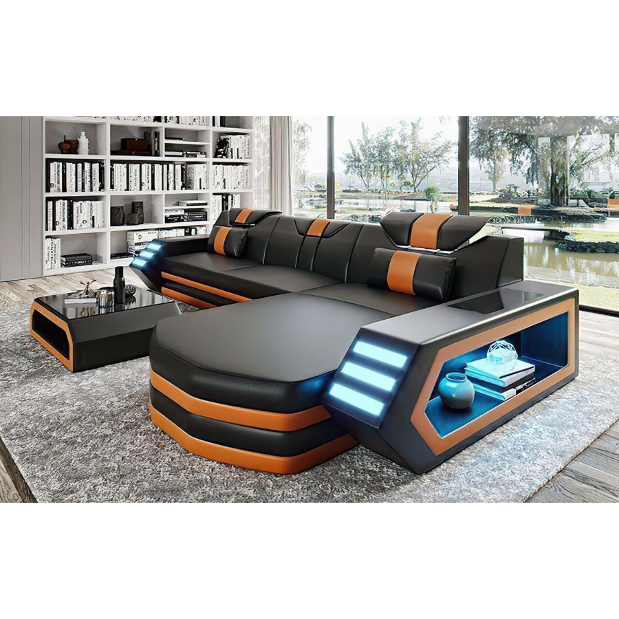 Jubilee Stebbins Modern Right Hand Facing Sectional with Chaise - Black/Orange, Bonded Leather