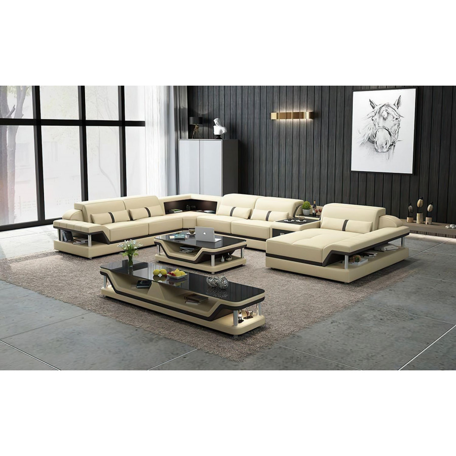 Jubilee Bewley Modern Right Hand Facing Sectional with Storage - Light Beige/Dark Brown, Bonded Leather