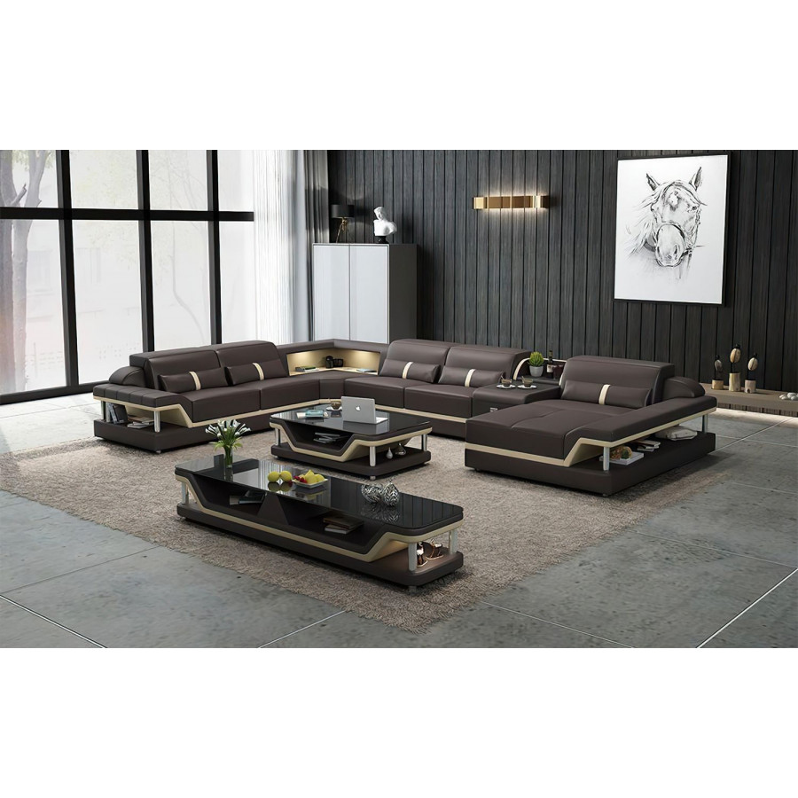 Jubilee Bewley Modern Right Hand Facing Sectional with Storage - Dark Brown/Beige, Top Grain Italian Leather