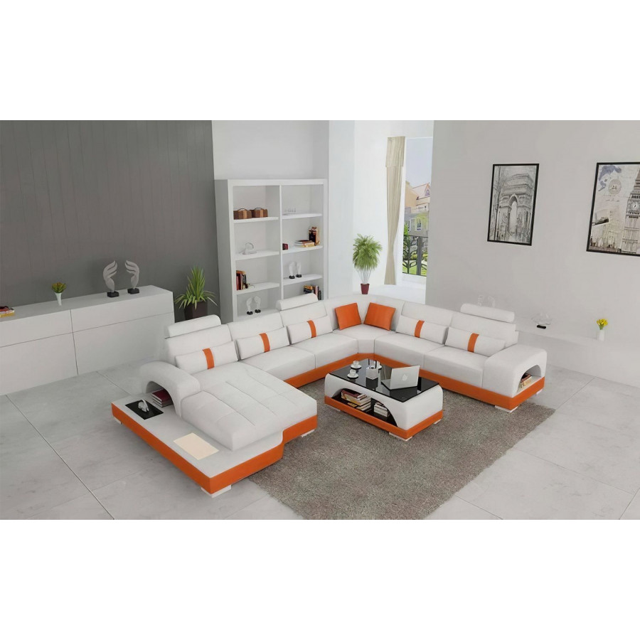 Jubilee Mequon Large Left Hand Facing Sectional with Leds - White/Orange, Top Grain Italian Leather