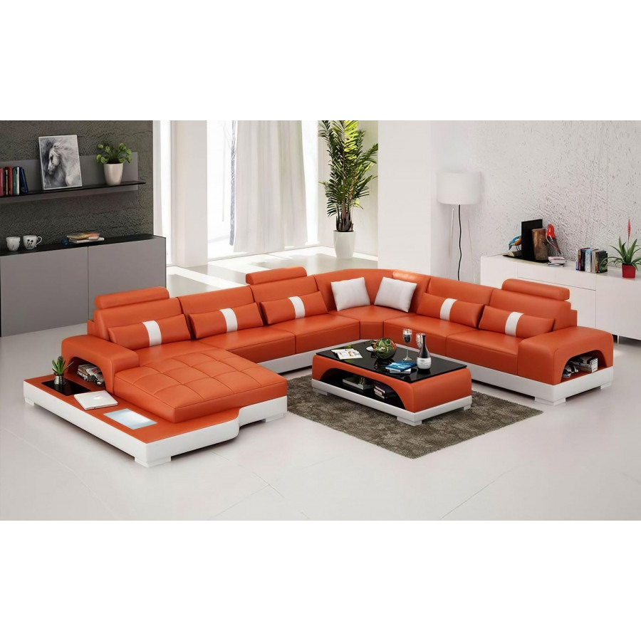 Jubilee Mequon Large Left Hand Facing Sectional with Leds - Orange/White, Top Grain Italian Leather