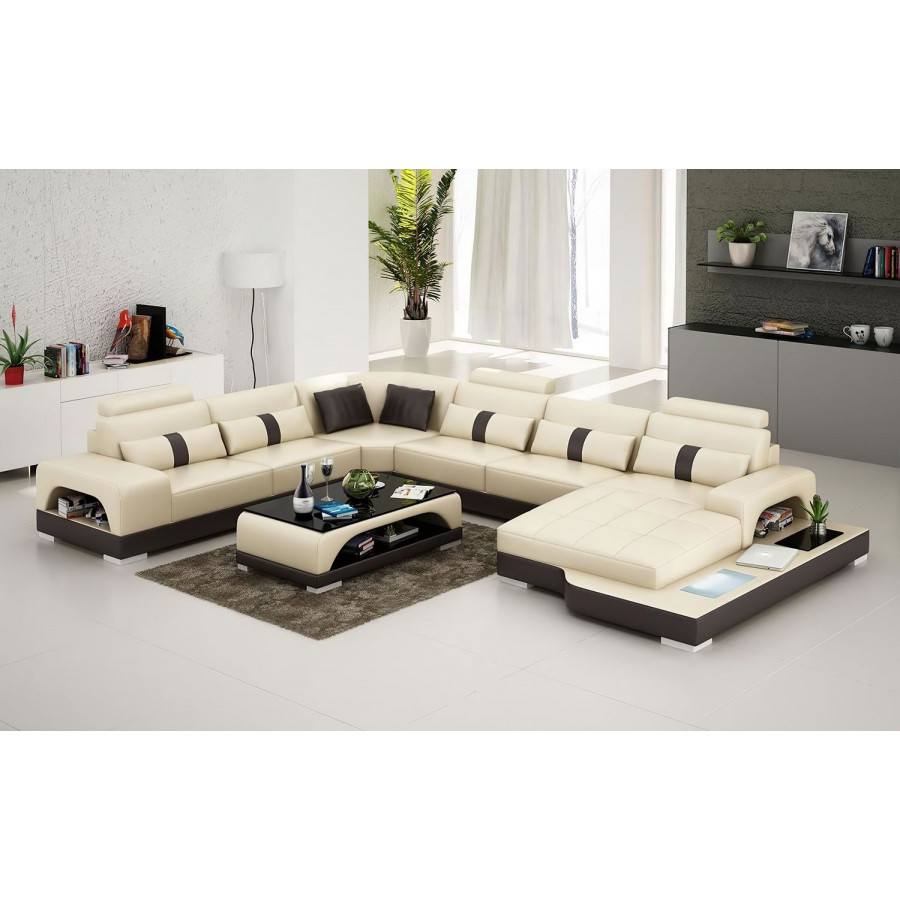 Jubilee Mequon Large Right Hand Facing Sectional with Leds - Beige/Dark Brown, Top Grain Italian Leather