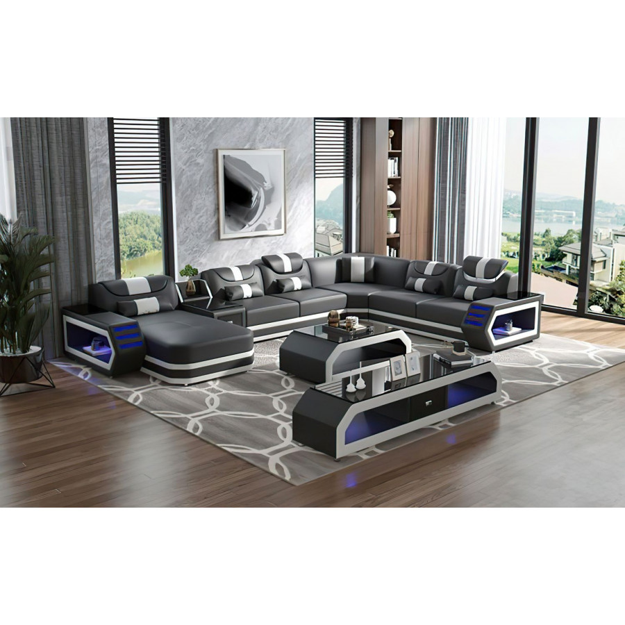 Jubilee Oject Modern Left Hand Facing Sectional with Led - Black/White, Top Grain Italian Leather