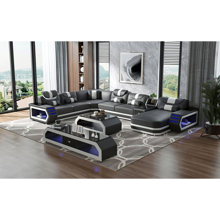 Jubilee Oject Modern Right Hand Facing Sectional with Led - Black/White, Top Grain Italian Leather