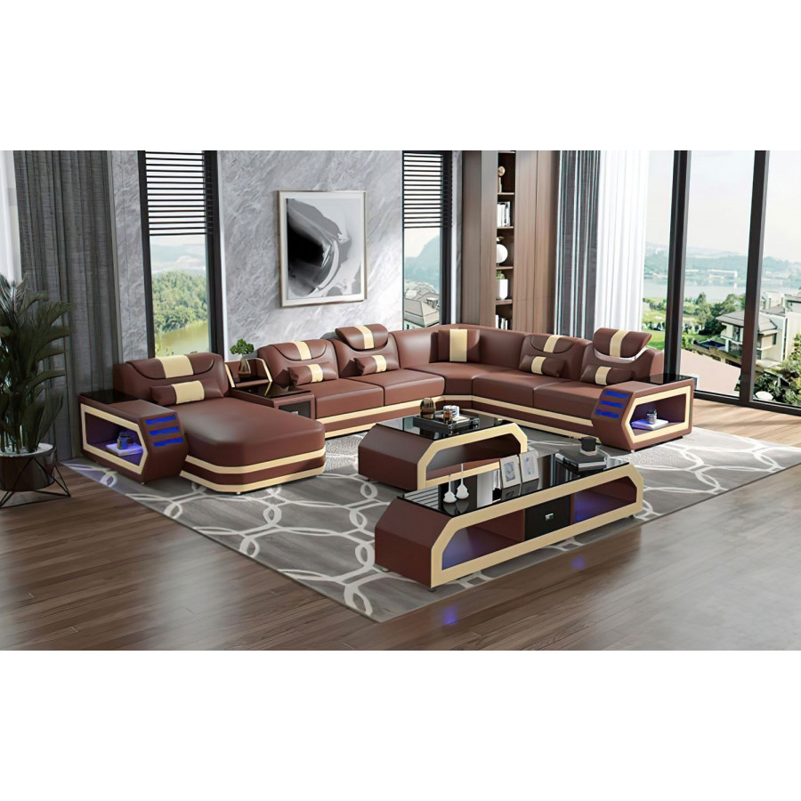 Jubilee Oject Modern Left Hand Facing Sectional with Led - Brown/Beige, Top Grain Italian Leather