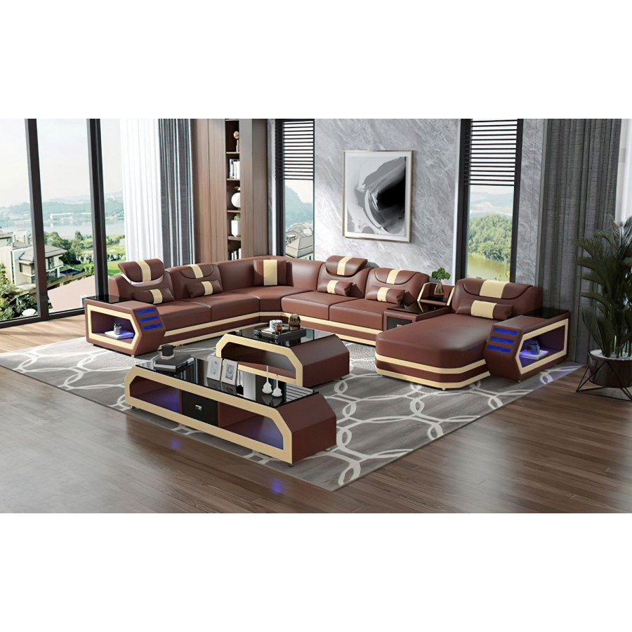 Jubilee Oject Modern Right Hand Facing Sectional with Led - Brown/Beige, Top Grain Italian Leather