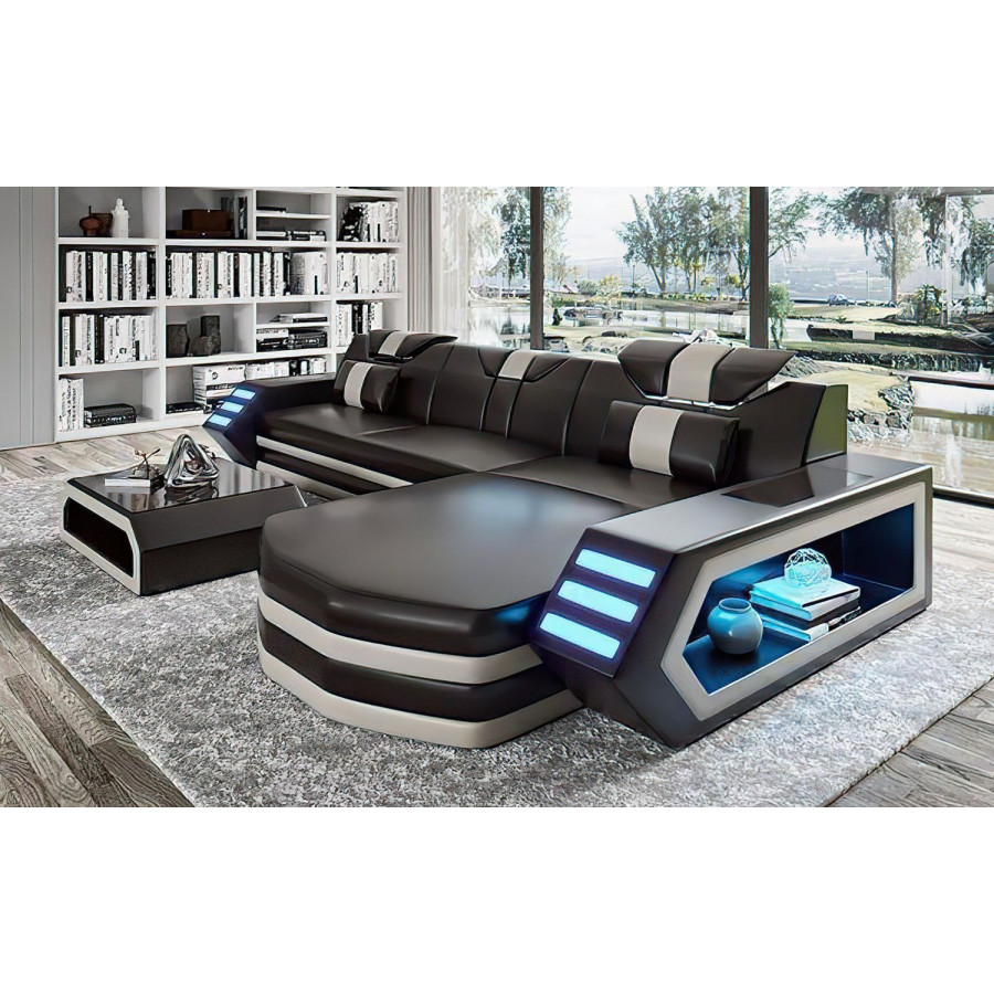 Jubilee Stebbins Modern Right Hand Facing Sectional with Chaise - Black/White, Top Grain Italian Leather