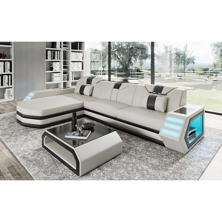 Jubilee Stebbins Modern Left Hand Facing Sectional with Chaise - White/Black, Top Grain Italian Leather