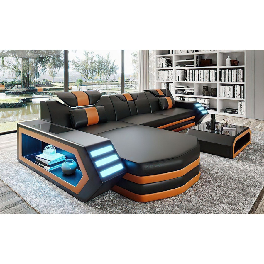 Jubilee Stebbins Modern Left Hand Facing Sectional with Chaise - Black/Orange, Top Grain Italian Leather