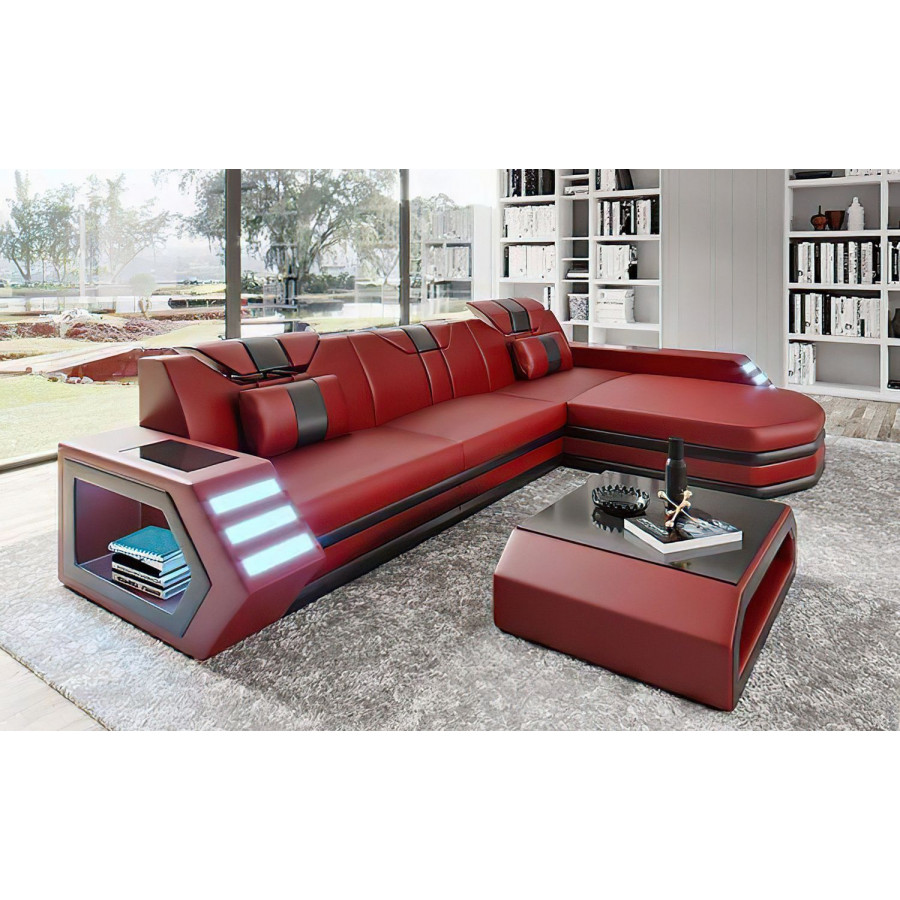 Jubilee Stebbins Modern Right Hand Facing Sectional with Chaise - Red/Black, Top Grain Italian Leather