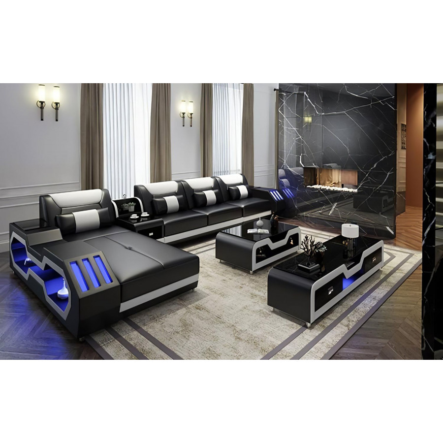 Jubilee Omont Small Right Hand Facing Sectional with Chaise - Black/White, Top Grain Italian Leather