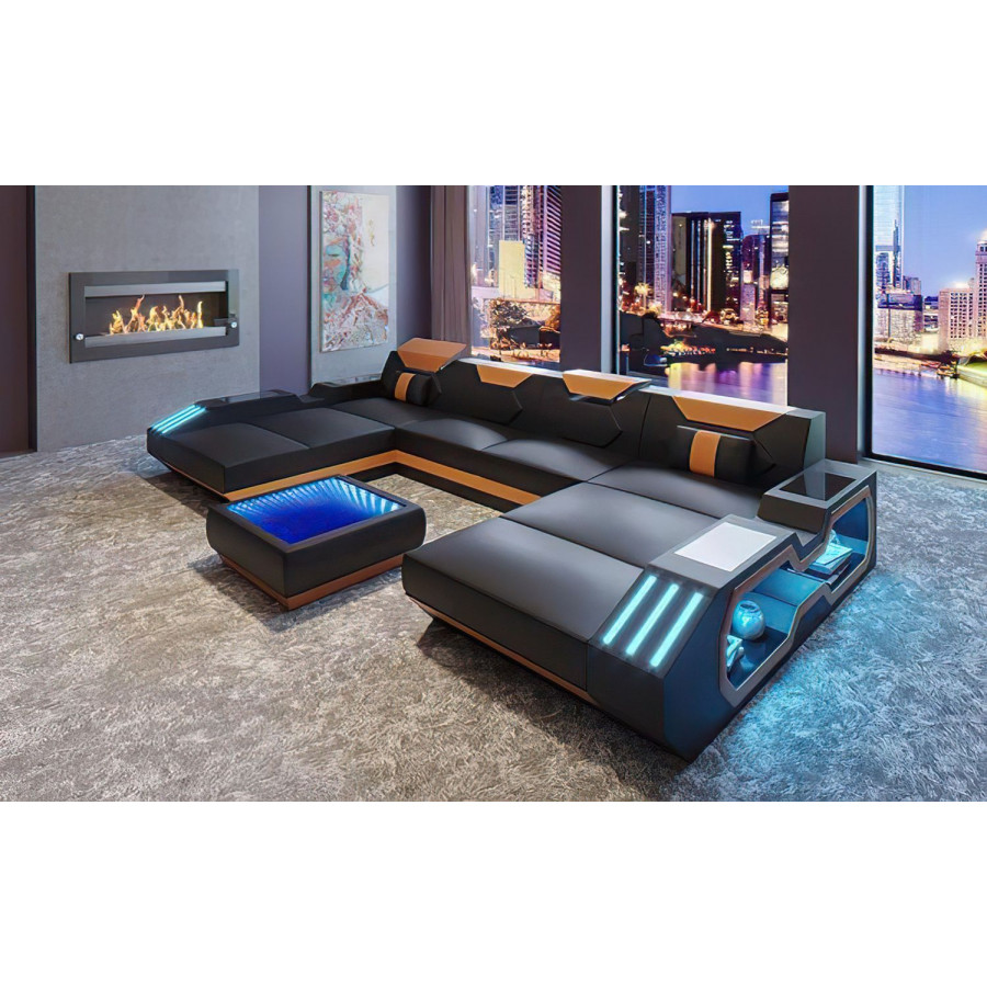 Jubilee Sahara Xl Sectional with Side Storage - Black/Orange, Top Grain Italian Leather