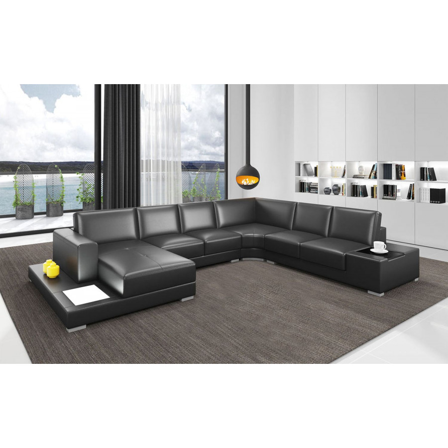 Jubilee Snoe Modern Left Hand Facing Sectional with Led - Black, Top Grain Italian Leather