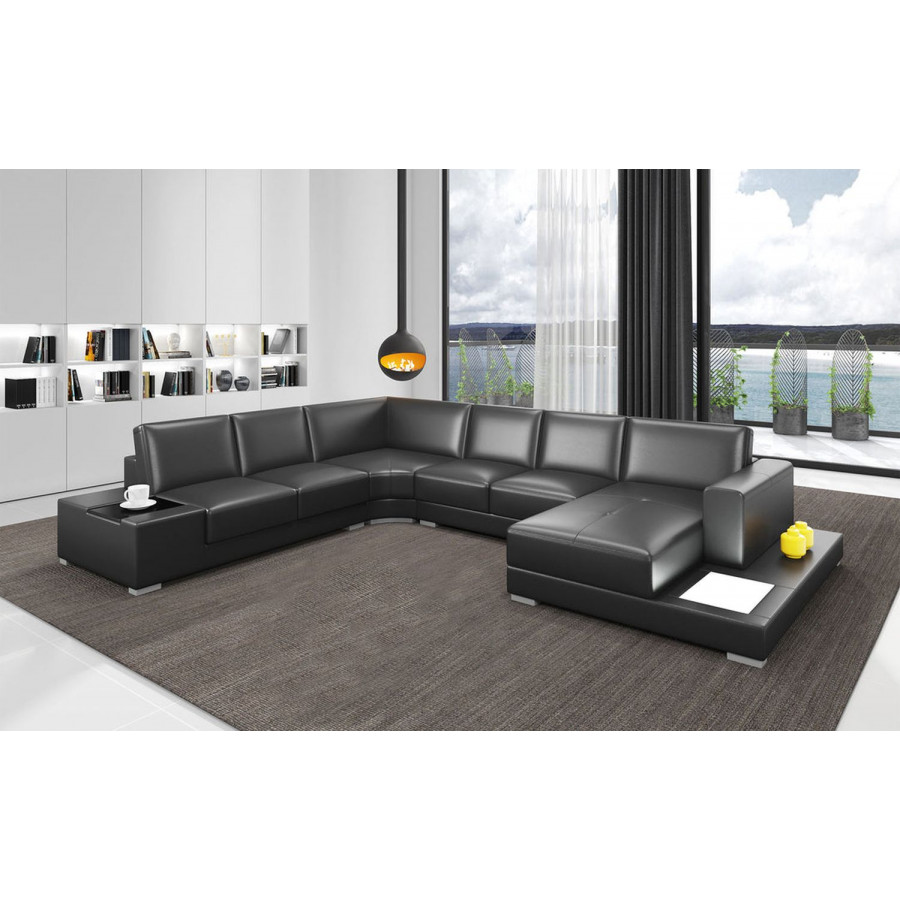 Jubilee Snoe Modern Right Hand Facing Sectional with Led - Black, Top Grain Italian Leather