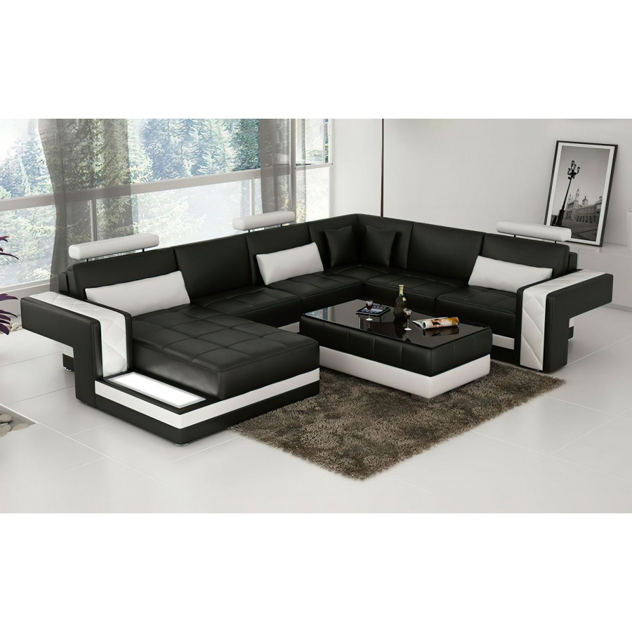 Jubilee Cuko Modern Large Left Hand Facing Sectional with Led - Black/White, Top Grain Italian Leather