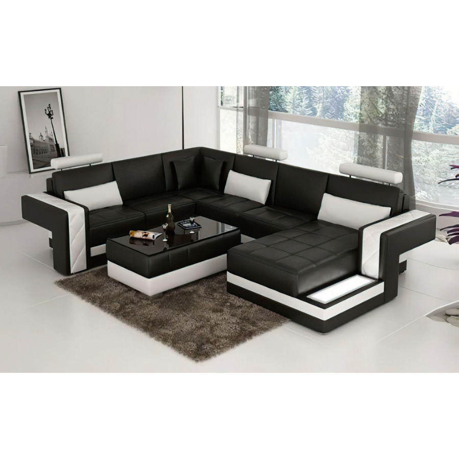 Jubilee Cuko Modern Large Right Hand Facing Sectional with Led - Black/White, Top Grain Italian Leather